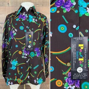 Vintage 1960’s 1970’s NWT Fun Floral Abstract Print Button Shirt Size 32 Small